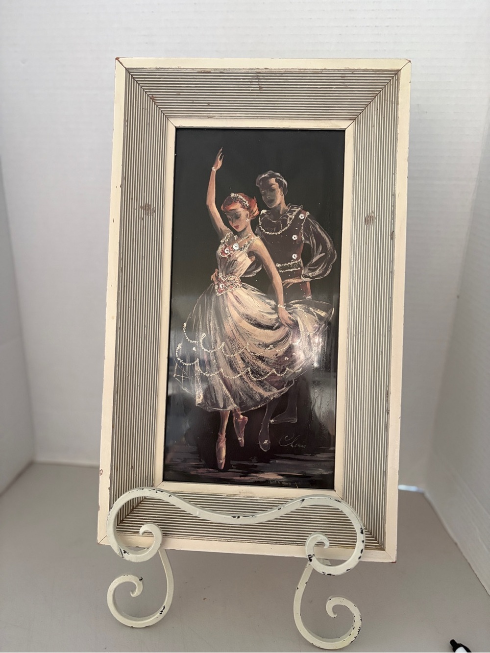 1940-1950’sFramed Ballerina Dance Art Print in Cream and Black -signed Cherie
